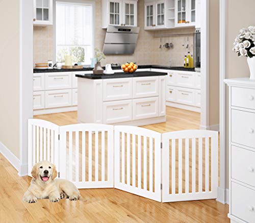 PAWLAND Wooden Freestanding Foldable Pet Gate for Dogs, 24 inch 4 Panels Step Over Fence, Dog Gate for The House, Doorway, Stairs, Extra Wide (White, 24" Height-4 Panels) - color: White, size: 24" Height-4 Panel