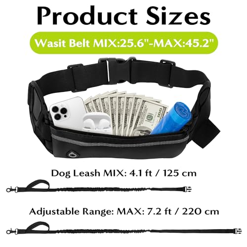 Hands Free Dog Leash - Waist Running Leashes with Zipper Pouch, Adjustable Reflective Waist Belt, Dualc Handle Retractable Bungee for Small Medium Large Dogs Walking Jogging (Black 4.1-7.2ft)
