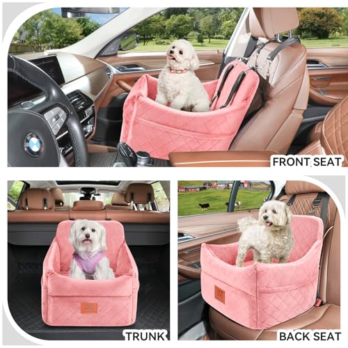 Dog Car Seat for Small/Medium Dogs, Dog Booster Car Seats with Thick Cushion for Dogs Under 35lbs, Detachable Washable Pet Bed with Storage Pockets, 2 Safety Belts (Pink) - color: Pink