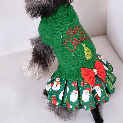 CuteBone Christmas Green Dog Sweater Dress Turtleneck Puppy Sweater with Bowtie Leash Hole Pullover Winter Dress for Small Dogs - color: Merry Christmas 2, size: Small