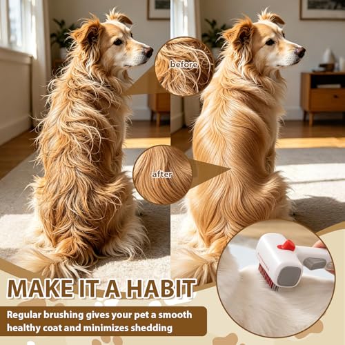 2-in-1 Pet Self-Detangling Grooming Comb, Professional Dematting Brush & Undercoat Rake for Dogs and Cats, Removes Mats Tangles Loose Fur, Gentle for Long/Short Thick Curly Fur