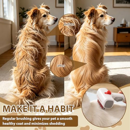 2-in-1 Pet Self-Detangling Grooming Comb, Professional Dematting Brush & Undercoat Rake for Dogs and Cats, Removes Mats Tangles Loose Fur, Gentle for Long/Short Thick Curly Fur