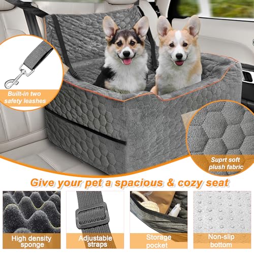 Dog Car Seat for Medium/Large Dog Booster Seat Under 60 lbs or 2 Small Dogs, Multi-Functional Pet Car Seat with Thick Cushion, 2 Safety Leashes (Gray) - color: Gray