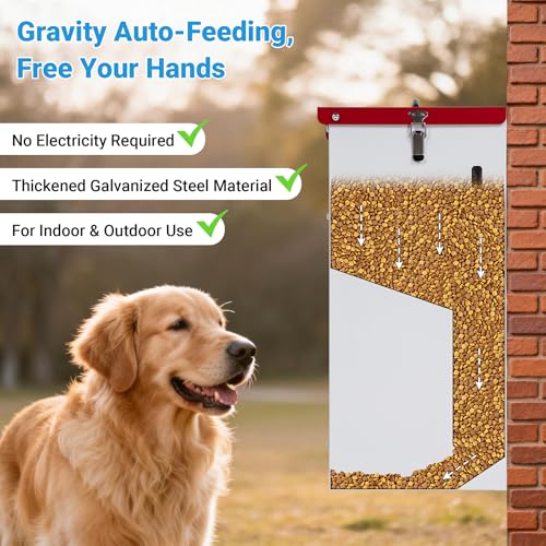 Automatic Dog Feeder - 15LBS Food Capacity Automatic Gravity Dispenser, Powder Coated & Waterproof for Indoor & Outdoor Use, 10.2" L x 8.3" W x 19" H, Red and White - size: 15 Pounds - 1 PC