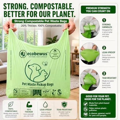 100% Compostable Pet Waste Disposal Bag (140 ct.) Plant-Based Cat Litter Poop Waste Pick-Up Bags with Handles Dog poop Bags Disposable Compost Food Scrap Liners (140 ct.)