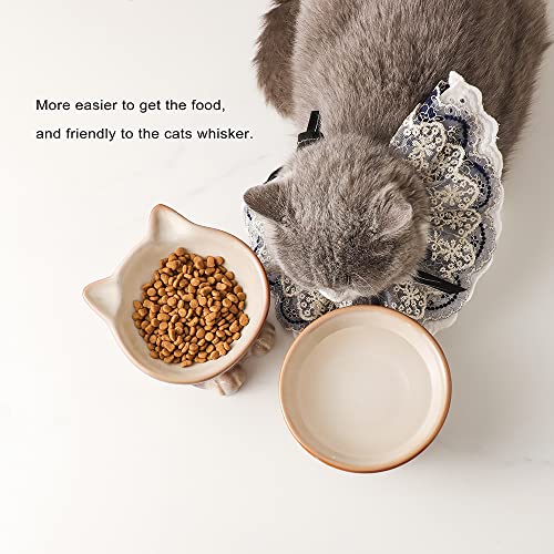 Nihow Elevated Cat Bowls,5 Inch Ceramic Raised Cat Food and Water Bowl Set | Slanted,Whisker Friendly,for Protecting Pet's Spine,Microwave & Dishwasher Safe ,Elegant Brown 4.5 OZ, Set of 2 - color: Brown, size: 4.5 OZ+8 OZ