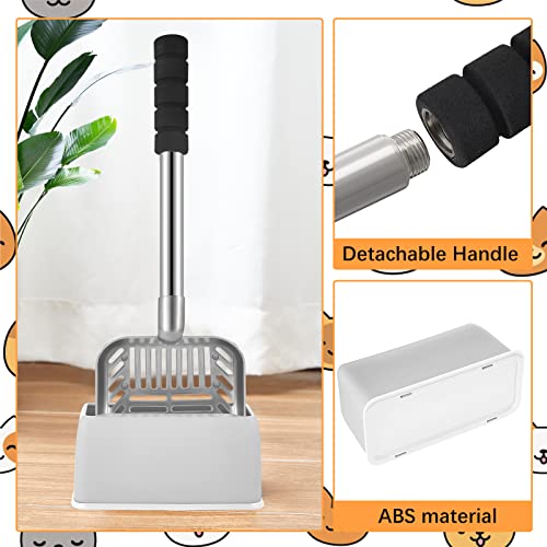 Hortsun 32 Inch Cat Litter Scooper Metal Long Handle with Cat Litter Scoop Holder Deep Kitty Sifter Shovel Detachable Stainless Steel Poop Sifter Scooper Caddy Kitty with Box(Gray) - color: Gray