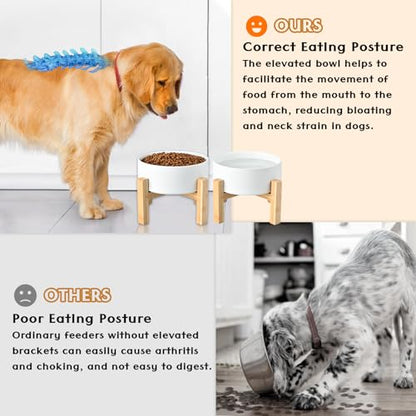 SPUNKYJUNKY Ceramic Elevated Dog Bowls 2 Pack - 5.1inch Raised Dog Bowls with Non-Slip Wooden Stand for Small Dogs Dishwasher Safe(White,13.5OZ*2) - color: White, size: Small - 1.7 CUPS*2