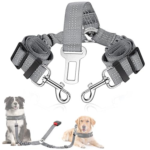 SlowTon Dog Seat Belt, Double Dog Seatbelt Adjustable Vehicle Safety Leash with Elastic Bungee Buffer, Reflective No Tangle Y Shape Two Dog Harness Seat Belt Splitter for Pets Car Trip (Grey, M) - color: G.Grey, size: 2 Medium in 1