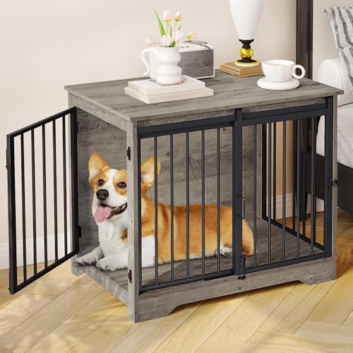 Hzuaneri 31.9" Dog Crate Furniture with Barn Door, Heavy Duty Dog Kennel Indoor with 2 Doors, Wooden Pet Cage End Table for Small Medium Dogs up to 44 lb, Anti-Chew Anti-Escape, Greige DFC83605B - color: Greige, size: 31.9"L x 21.7"W x 26.6"H