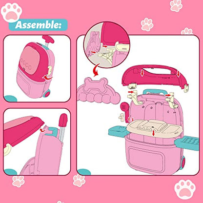 MAGIC4U Pet Cat Care Carrier Suitcase Toy, 29PCS Vet Clinic and Doctor Kit for Kids, Pet Kitty Grooming Feeding Toys, Veterinarian Pretend Play Set, Gifts for Boys and Girls Ages 3-12 | Kitty Vet Toys, Animal Doctor Kit for Toddlers, Cat Grooming Toys, Pr