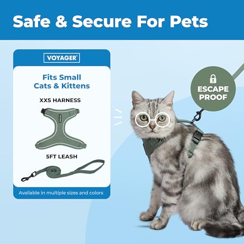 Voyager Escape-Proof Step-in Lock Cat Harness & 5ft Neoprene-Handle Leash Set All-Weather Mesh with Reflective Stitching for Small to Large Cats by Best Pet Supplies, Moss Green (327), XXS - color: Moss Green, size: XXS (Chest: 11.5 - 14")