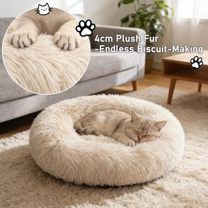 Calming Donut Dog Bed Medium Size Dog - Washable Removable Cover Non-Slip Bottom, Round Pet Bed Cat Bed Warming Fluffy Plush Faux Fur Anti-Anxiety, Fits up to 45 lbs (Beige, 30") - color: Beige, size: 30"L x 30"W x 8"Th