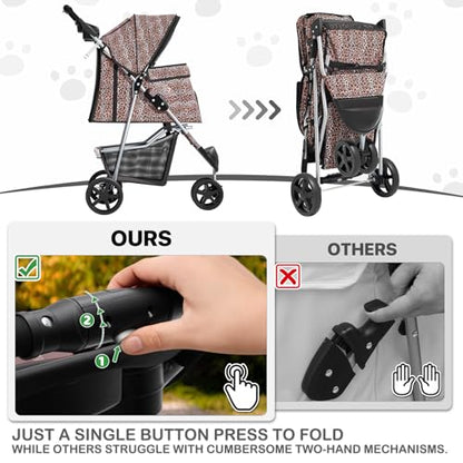 MoNiBloom 3 Wheels Pet Dog Cat Stroller for Small Medium Dogs Cats, Lightweight Foldable Jogger Stroller w/Storage Basket & Cup Holder, Leopard Print - color: Leopard Print