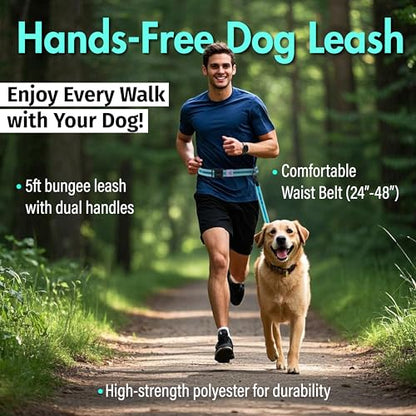 Hands Free Dog Leash with Waist Belt Lifetime Replacement, Dual Handle Bungee Leash for Running, Jogging, Hiking and Walking, for Medium and Large Dogs 5118 - color: Aqua Blue
