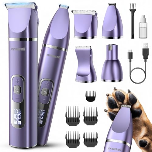 oneisall 4 in 1 Dog Grooming Kit with LCD Display, Dog Hair Trimmer for Paw Nail Grinder, Rechargeable Cordless Low Noise IPX7 Waterproof Pet Clippers Purple - color: Purple