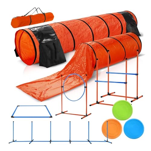 Dog Agility Training Equipment Set, 2 Dog Jump, Hurdle, Blind and Standard Tunnel and Weave Poles, Premium Dog Agility Exercise Set with Easy Carry Case