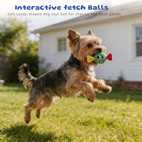 Squeaky Dog Toys, [3 Pack] 2'' Tough Stitched Plush Squeak Ball Toy, Soft Spiky Bouncy Fetch Play Balls for Puppy Small Dogs, Colorful Christmas Candy Dog Toys - color: Candy Dog Pack