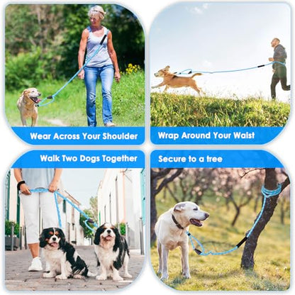 Lukovee Hands Free Dog Leash, 10FT Adjustable Training Lead 1/2 Inch Nylon Heavy Duty Lead No Pull for Large Medium Dogs, Tangle Free Reflective Waist-Leash for Walking Running(Xie-Blue, Plus Handle) - color: Blue Diagonal Stripe