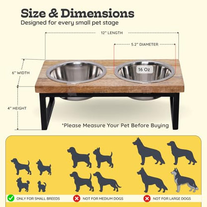 Elevated Dog Bowls, 4” Small Dogs & Cats Raised Bowl Mango Wood Stand, Food & Water 2 Stainless Steel Dishes Each 16oz/2Cup Capacity, Non-Slip Pet Feeder Station in Brown for Toy Breeds - size: 4 Inches / 16oz 2 Bowl
