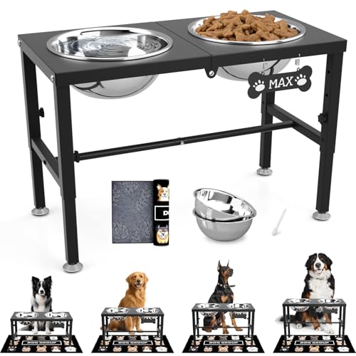 SHAINFUN Elevated Dog Bowls with Mat for Large & Extra Large Dogs, Raised Dog Bowl Stand with Two 101oz Stainless Steel Bowls, Tall Dogs Food Water Bowl Holder - color: Black-3L