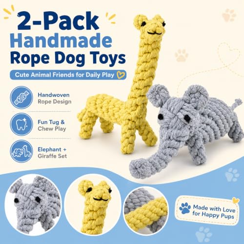 ADUCK Puppy Dog Rope Toy for Teeth Cleaning, Chew-Proof Dental Care & Interactive Training Reward | Durable Cotton Gray Elephant & Yellow Giraffe for Small & Medium Dogs - color: Elephant and Giraffe