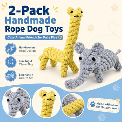 ADUCK Puppy Dog Rope Toy for Teeth Cleaning, Chew-Proof Dental Care & Interactive Training Reward | Durable Cotton Gray Elephant & Yellow Giraffe for Small & Medium Dogs - color: Elephant and Giraffe