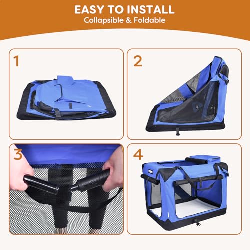 JESPET Soft Dog Crates Kennel for Pets, 3 Door Soft Sided Folding Travel Pet Carrier with Straps and Fleece Mat for Dogs, Cats (Royal Blue, Large(30" L x 21" W x 23" H)) - color: Royal Blue