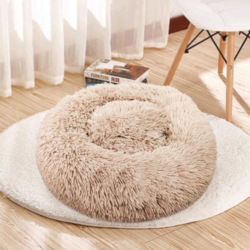 Deluxe Calming Dog Bed for Small Medium Dogs & Cats - Anti-Anxiety Donut Cuddler Cozy Warm Soft Fluffy Faux Fur Round Beds Sizes 20" Puppy Bed (Khaki, X-Small)