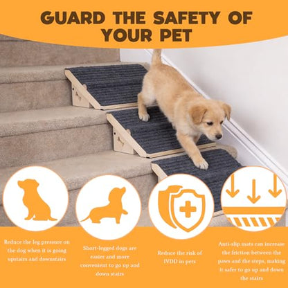 3 Pack Wooden Dog Ramp for Stairs,13L*9W*5H''+26°Slope,Fit for Stair 9-11D''5-7''H,Friendly to Short-Legged/Small/Injured/Aged Dogs with High Support,with Anti-Slip Pads for Climbing Safely