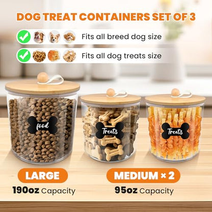 HOYTAMDAR 3 Pack Airtight Dog Treat Containers with Bamboo Lids, Dog Treat Jars with Scoops, Clamps, Labels and Marker, Dog & Cat Treat Holder - color: Wood - 3 Pack