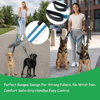 Double Dog Leash No Tangle – Dual Dog Leash for 2 Dogs with Shock Absorbing Bungee, 360° Swivel, Reflective Safety, Heavy Duty for Medium & Large Dogs (Neon Green) - color: Neon Green