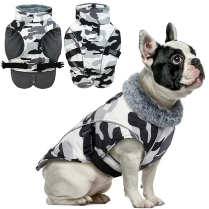 DENTRUN Warm Dog Winter Coat, Easy On Reflective Turtleneck Fleece Jacket | Adjustable buckle, easy on off, windproof & water-repellent, thick fleece snowsuit, outfit fits small to large breeds - color: White Camouflage, size: Small
