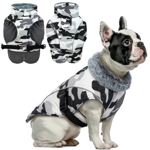 DENTRUN Warm Dog Winter Coat, Easy On Reflective Turtleneck Fleece Jacket | Adjustable buckle, easy on off, windproof & water-repellent, thick fleece snowsuit, outfit fits small to large breeds - color: White Camouflage, size: Small