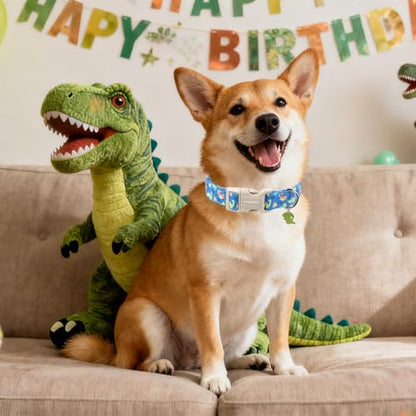 DOGWONG Blue Dog Collar Adjustable Soft Natural Fabric Boy Pet Dog Collar Cute Dinosaur Puppy Collars for Small Medium Large Dogs - color: Z: Dinosaur, size: Extra Small