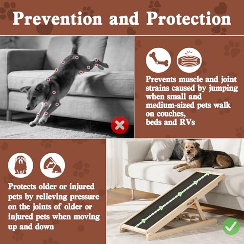 Dog Ramp for Bed Couch Car, 39.4" Long Wooden Steps for Small Pets | 6 Heights 18"-23.6", Holds 200 lbs, Foldable, No Assembly, For Older/Injured Small Pets, Solid Wood, Anti-slip Yoga Mat - size: 39.4"L x 14.5"W x 3.3"H