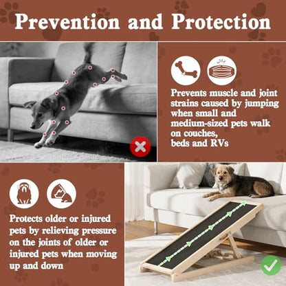 Dog Ramp for Bed Couch Car, 39.4" Long Wooden Steps for Small Pets | 6 Heights 18"-23.6", Holds 200 lbs, Foldable, No Assembly, For Older/Injured Small Pets, Solid Wood, Anti-slip Yoga Mat - size: 39.4"L x 14.5"W x 3.3"H