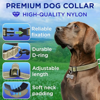 TECEUM Reflective Dog Collar – Olive – XS – Extra Soft Padding – Basic Nylon Pet Collar – Quick Release Buckle – Fits Small, Medium and Large Dogs, Puppies, Cats – ESA & Service Dog Options - color: Olive, size: X-Small