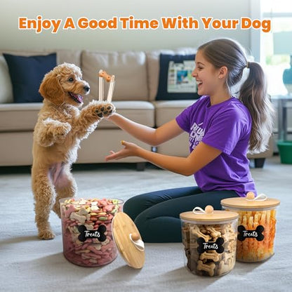 HOYTAMDAR 3 Pack Airtight Dog Treat Containers with Bamboo Lids, Dog Treat Jars with Scoops, Clamps, Labels and Marker, Dog & Cat Treat Holder - color: Wood - 3 Pack