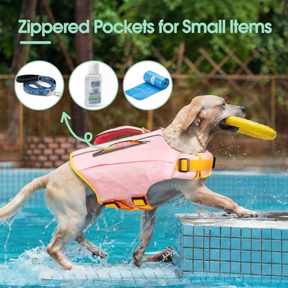 Kuoser Dog Life Jacket, Reflective Swim Vest Adjustable with Rescue Handle | High Flotation, Rescue Handle, Adjustable, Reflective,2 Storage Pockets, Pool Lake Boat Beach, Small Medium Large dogs - color: Pink, size: M (Chest Girth:20.5-25.2'')