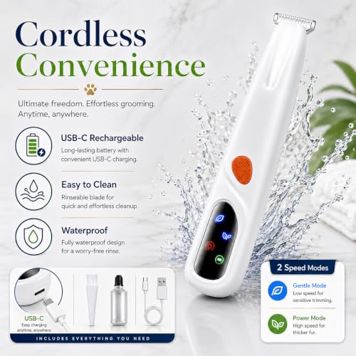 Dogs & Cats Paw Hair Trimmer, 2 Mode Electric Quiet Rechargeable Clipper with LED Light & 2 Wide Blades (0.8"), Waterproof for Paws, Ears, Face, Rump