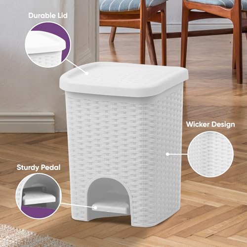 Superio Mini 6L Step Pedal Trash Can - Wicker Design, Hidden Mechanism, Durable Plastic, Ideal for Desktop, Countertop, Pet Waste/Dog Poop - White - color: White