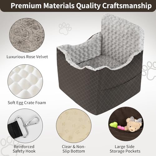 Dog Car Seat for Small Medium Dogs - 6.7inch Elevated Dog Booster Car Seats wih Soft Rose Velvet, Washable Travel Pet Carseat with 2 Safety Leashes and Storage Pockets(Grey/Black Coffee) - color: Black Coffee/Grey
