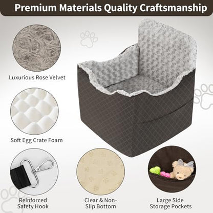 Dog Car Seat for Small Medium Dogs - 6.7inch Elevated Dog Booster Car Seats wih Soft Rose Velvet, Washable Travel Pet Carseat with 2 Safety Leashes and Storage Pockets(Grey/Black Coffee) - color: Black Coffee/Grey