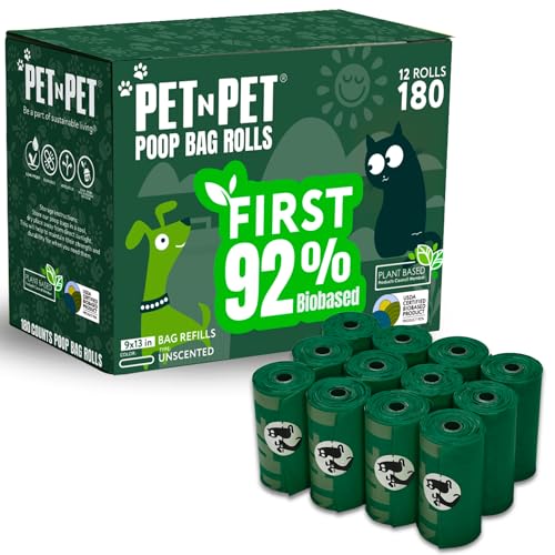 Pet N Pet 180 Counts Dog Poop Bags Rolls, 92% Plant Based Poop Bags for Dogs, Leak Proof Thick Doggie Poo Bag, Unscented Cat & Dog Waste Bag