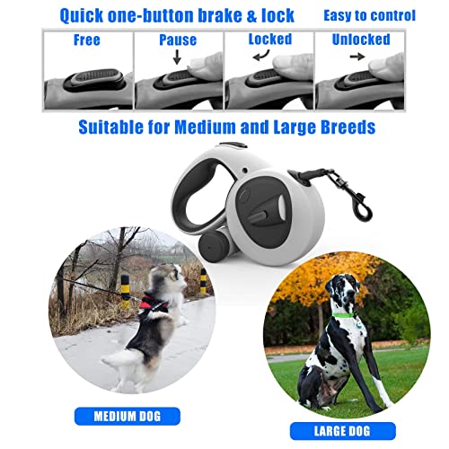 HCY&WLD Upgrade 4-in-1 Retractable Dog Leash with LED Light & Dispenser & Poop Bags, 16 ft Heavy Duty Dog Leash with Anti-Slip Handle for Dogs up to 110 lbs, 360° Tangle-Free, One Button Brake & Lock - size: Large