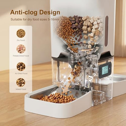 TYM Automatic Cat Feeder 2 Cats, 7L Cat Dry Food Dispenser with Double Bowls, Dual Auto Dog Feeder with Programmable Timer, Dual Power Supply, Easy to Clean for Multiple Cats and Small Dogs - color: White-2a