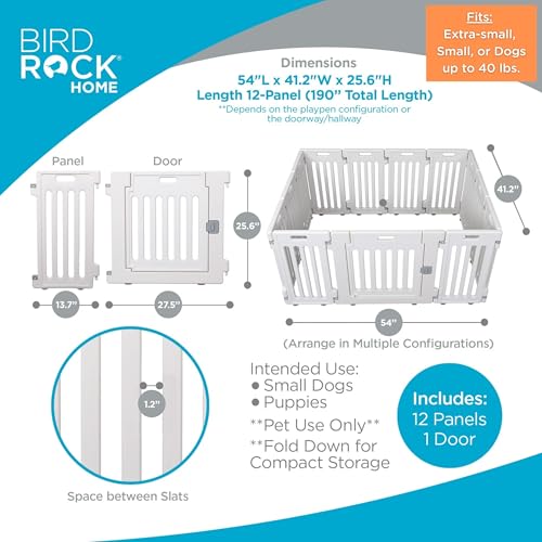 BIRDROCK HOME Pet Playpen with Door | 12 Panel | Fits: Toy or Small Dogs up to 40lbs. | Strong Plastic | Puppy Safety Fence Pen Playpen | Non-Slip & Secure Dog Gate | White - color: White, style: 12-Panel - 25.6" H