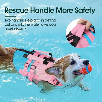 Kuoser Dog Life Jacket with Reflective Strips, High Visibility Dogs Swim Vest with Rescue Handle, Adjustable Dog Life Vest for Swimming, Boating, Pool & Beach, Doggy Lifejacket Small Medium Large Dogs - color: Pink & Aqua Blue, size: Medium (Chest Girth:2