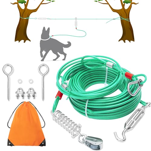 Dog Tie Out Cable - 100 ft Long Dog Cable with 10 ft Run Cable for Yard Training Running Camping Hiking Outdoor - Heavy Duty Chew Proof Lead Leash with Buffer Spring for Small Medium Large Dogs - color: Green